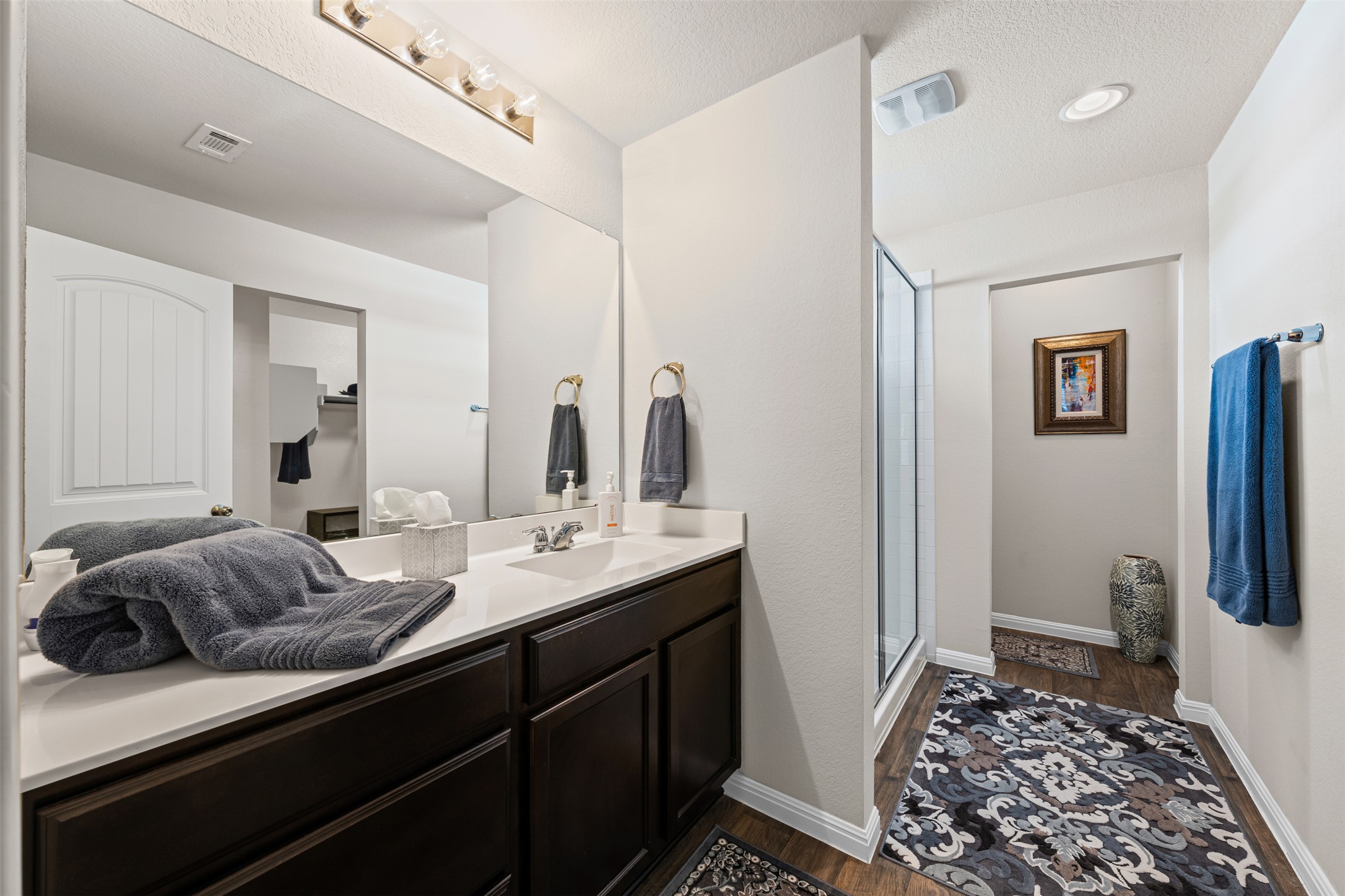 132 Dunlin Lane Leander, TX 78641 - Photo 17 of 34 Bathroom featuring dark wood finished floors, vanity, a stall shower, and a textured ceiling