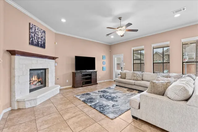 a living room with furniture and a fireplace
