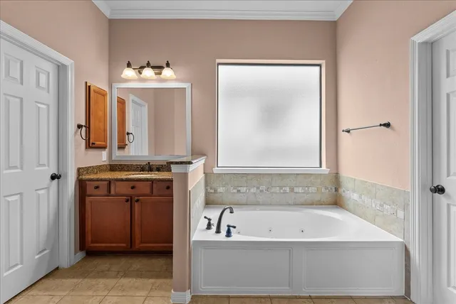 a bathroom with a bathtub a sink and a mirror