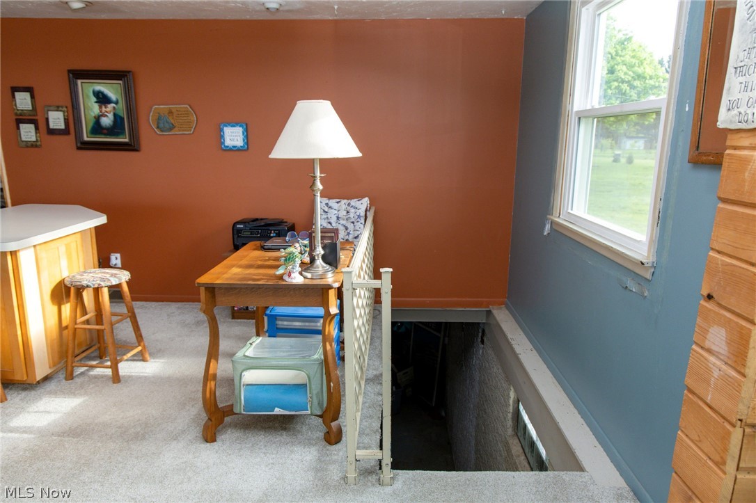 5467 Chapel Road Madison, OH 44057 - Photo 28 of 50 Carpeted area with a half-wall featuring a light-toned countertop, a window with white trim, and a partial view of a lower level