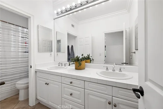 a bathroom with a double vanity sink toilet and a mirror