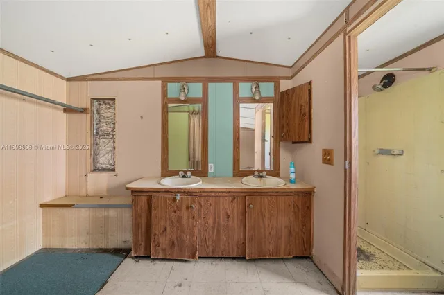 a bathroom with a sink a mirror and a shower