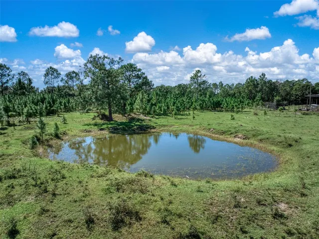 a view of a lake with a yard