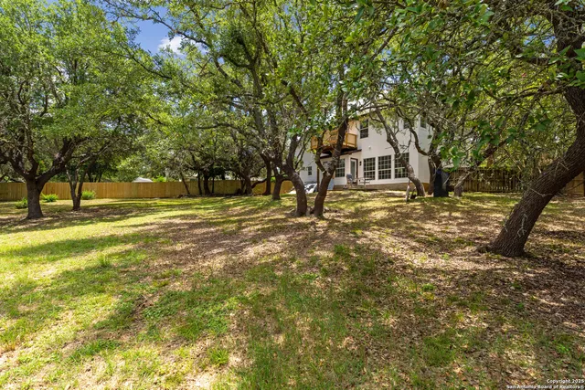 a view of a yard with large trees