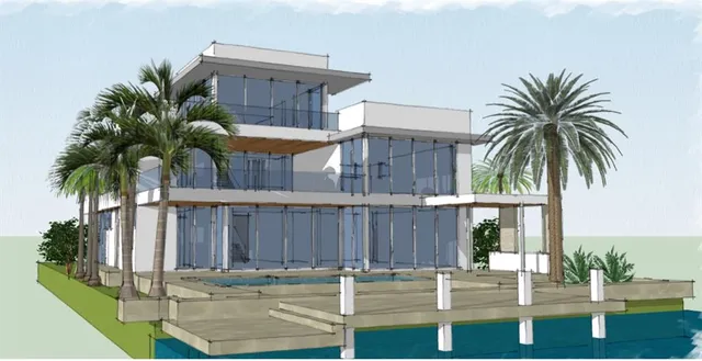 a view of a house with pool and sitting area