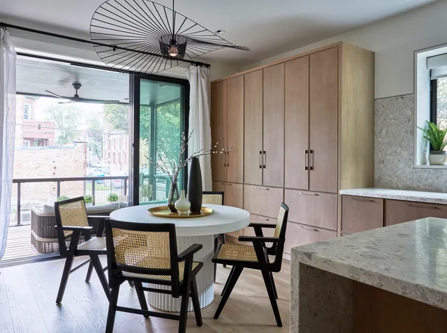 a view of a balcony with wooden floor