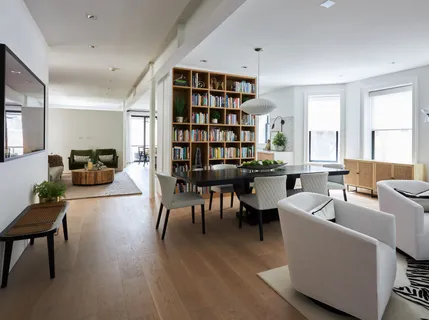 a living room with furniture and a potted plant