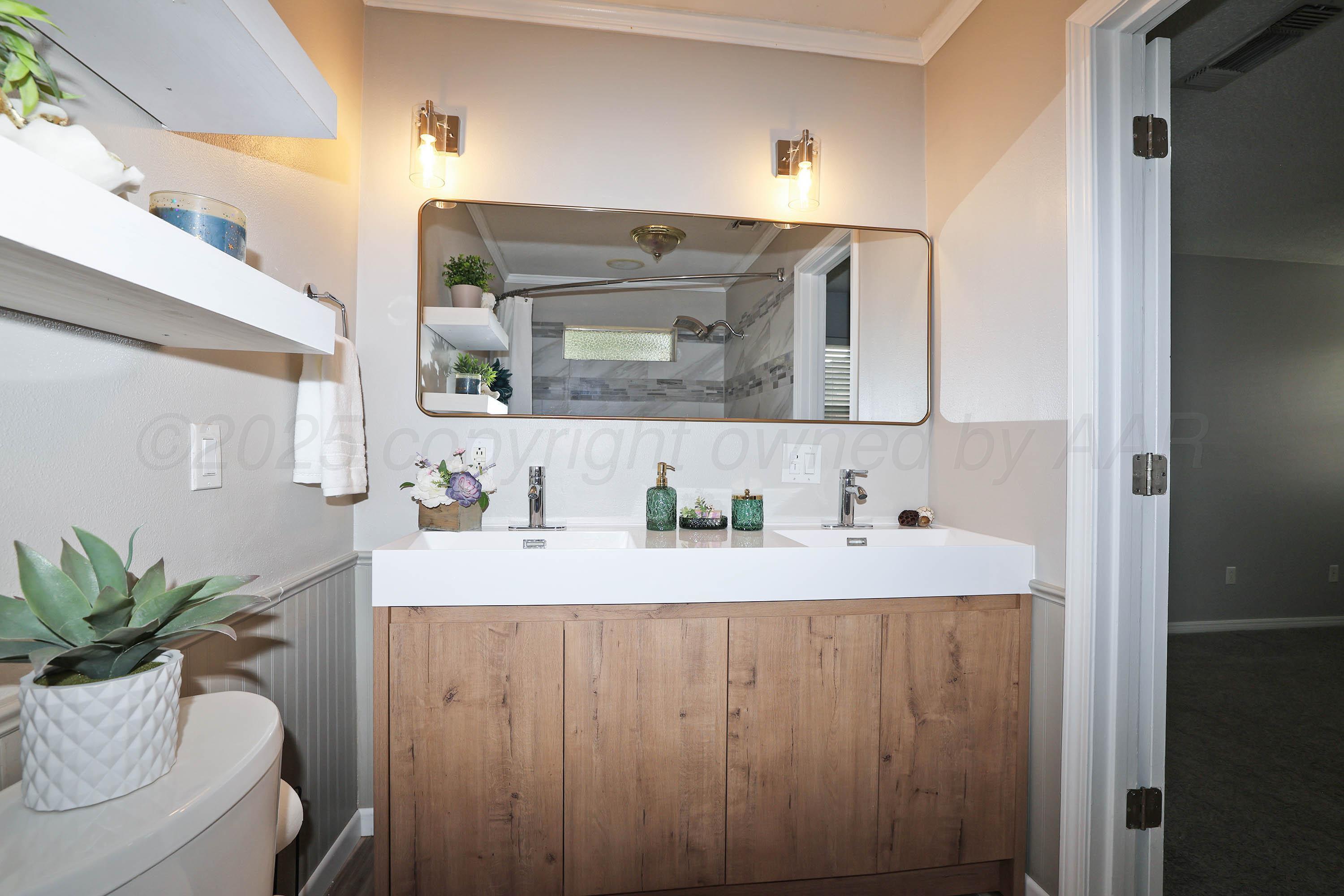 7426 Jameson Drive Amarillo, TX 79121 - Photo 22 of 38 a bathroom with a sink a mirror and a potted plant