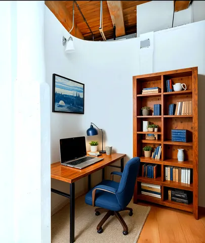 a view of a workspace with furniture and bookshelf