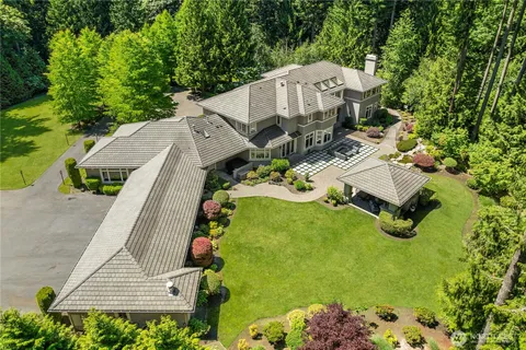 an aerial view of a house with swimming pool and large trees