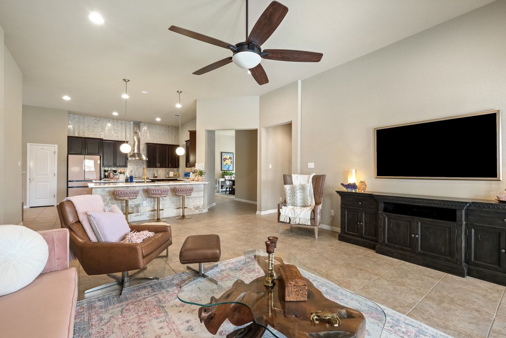 13808 Field Stream Lane Manor, TX 78653 - Photo 20 of 39 Living area with ceiling fan, light tile patterned flooring, and recessed lighting