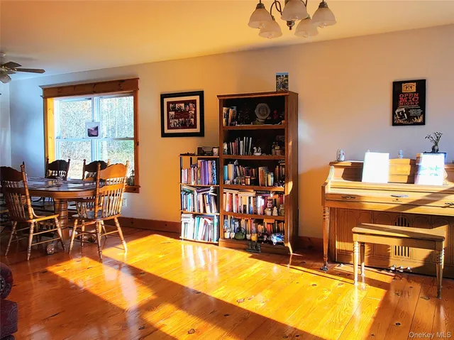 a room with furniture a rug and a book shelf