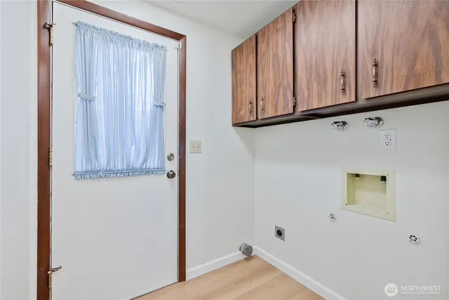 a view of storage and utility room with wooden floor