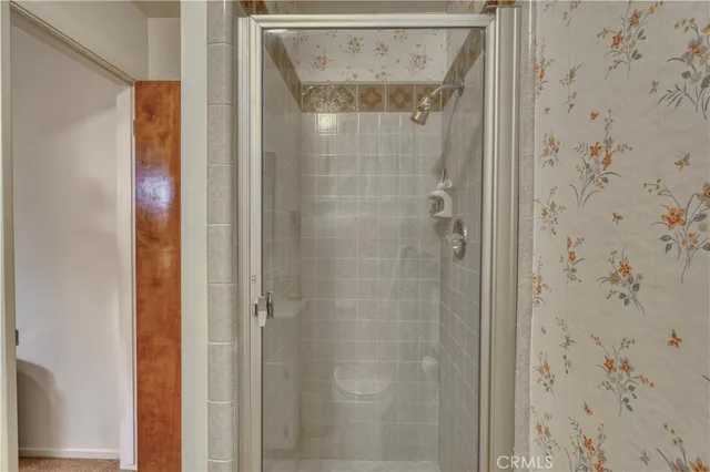 a bathroom with a shower and a sink