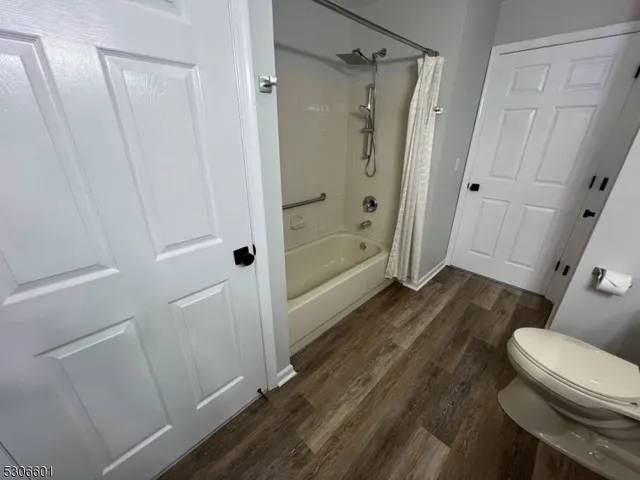 a bathroom with a shower and toilet