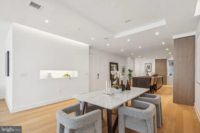 a view of a dining room with furniture