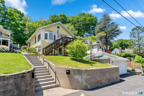 a view of a house with swimming pool and a yard