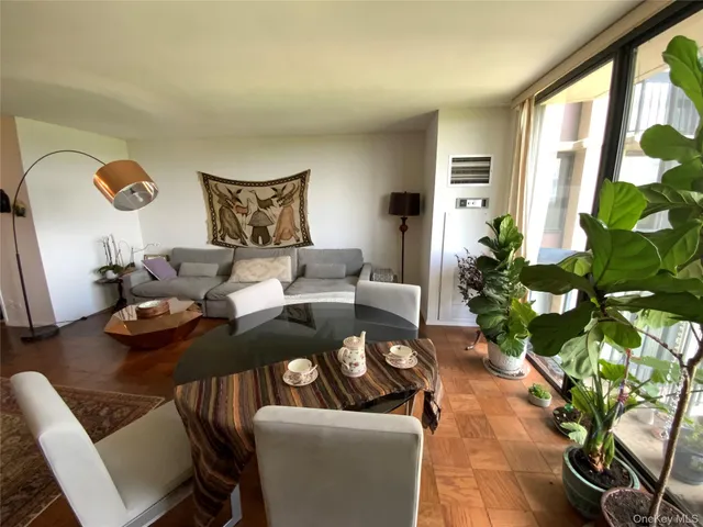 a living room with furniture and a potted plant