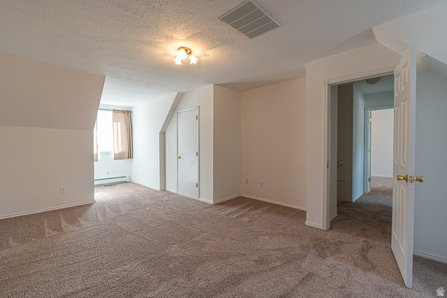 1045 Fox Farm Road Logan, UT 84321 - Photo 52 of 65 Additional living space featuring a textured ceiling, light carpet, and a baseboard heating unit