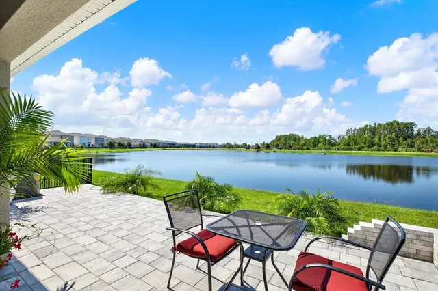 a view of a lake with a terrace