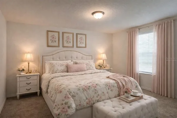 a bedroom with a bed and a night stand