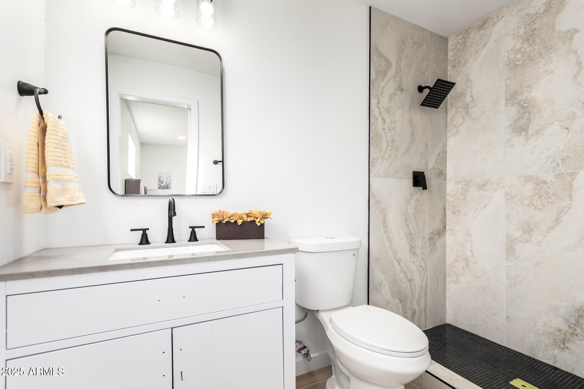 5237 East Dallas Street Mesa, AZ 85205 - Photo 14 of 30 a bathroom with a toilet a sink a mirror a vanity and shower
