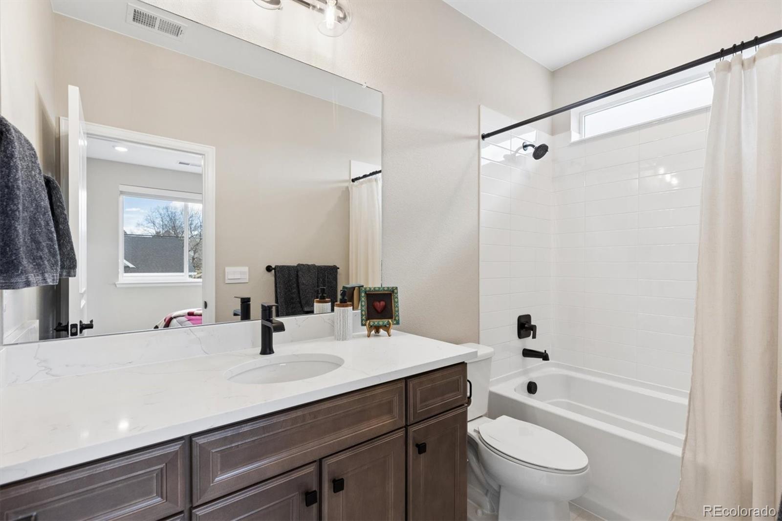 5980 South Platte Canyon Road Littleton, CO 80123 - Photo 32 of 50 a bathroom with a sink a toilet a mirror a bathtub and shower