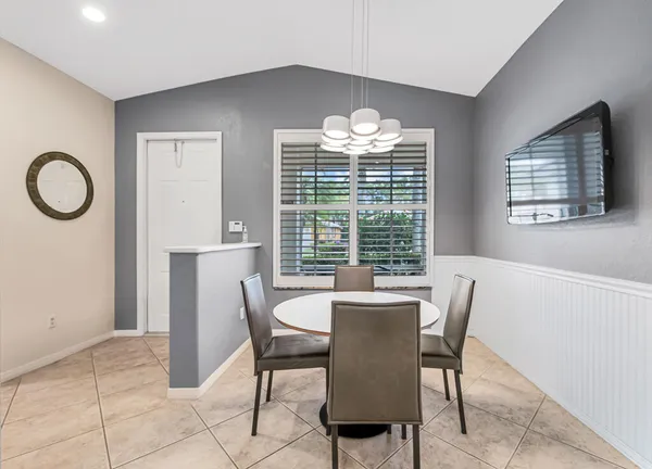 a view of a dining room with furniture window and outside view