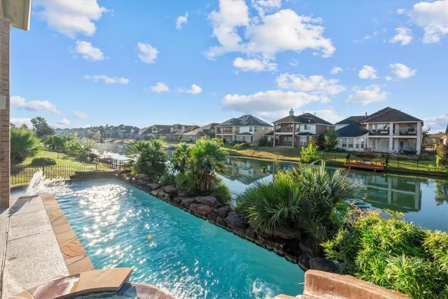 a view of a lake with a garden