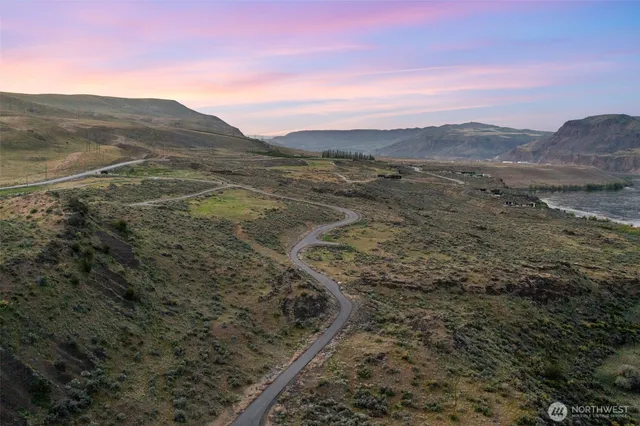 a view of a dry yard with mountains in the background