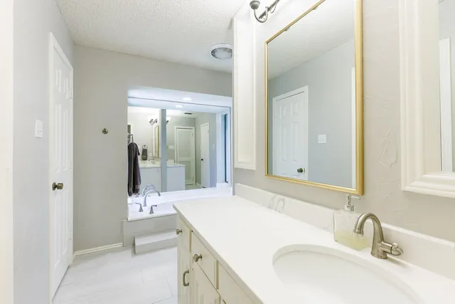 a bathroom with a tub sink and mirror