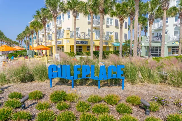 a view of tall buildings with a big yard and large trees