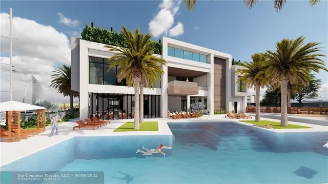 a view of a swimming pool with palm trees