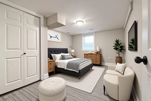 a bedroom with furniture and a large window