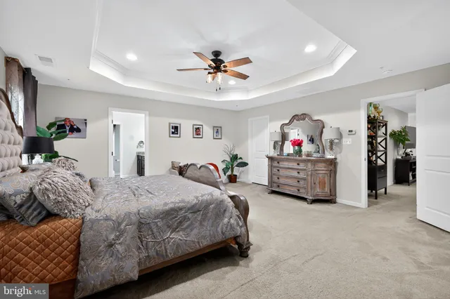 a bedroom with a bed closet and a chandelier