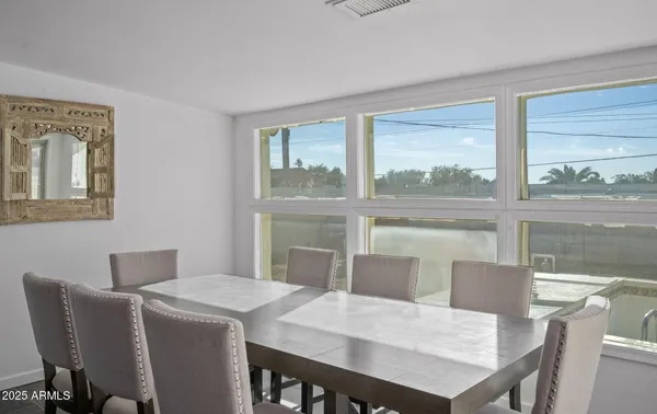 a view of a dining room with furniture window and outside view