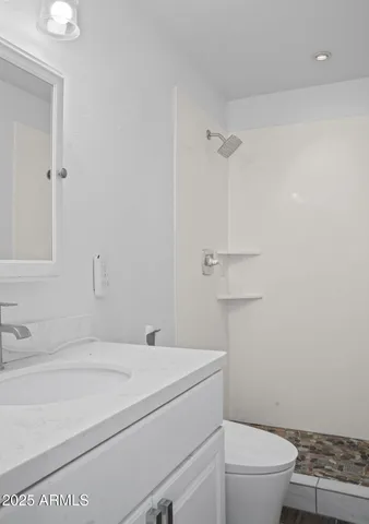 a bathroom with a sink a toilet and shower