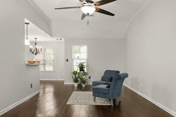 a living room with furniture and a potted plant