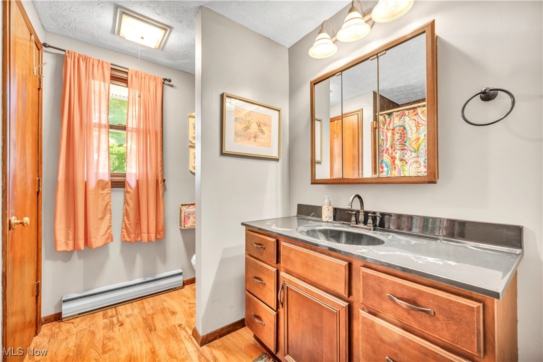4032 Hanford Road Wakeman, OH 44889 - Photo 15 of 50 Bathroom with hardwood / wood-style floors, vanity, baseboard heating, toilet, and a textured ceiling