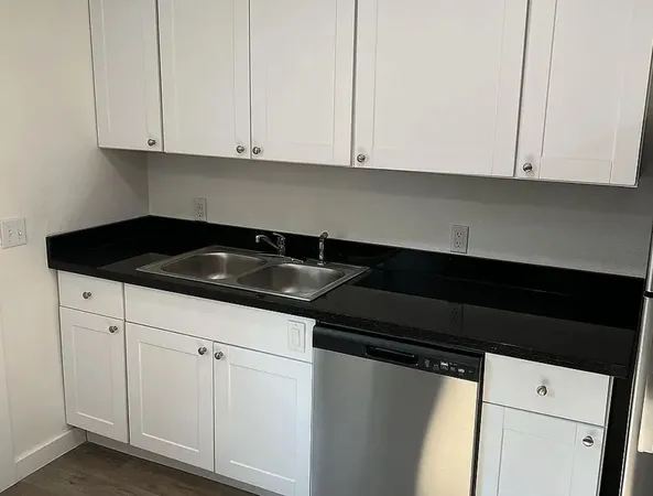a kitchen with white cabinets a sink and dishwasher