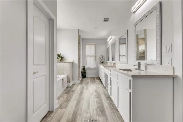 a bathroom with a sink a mirror and a shower