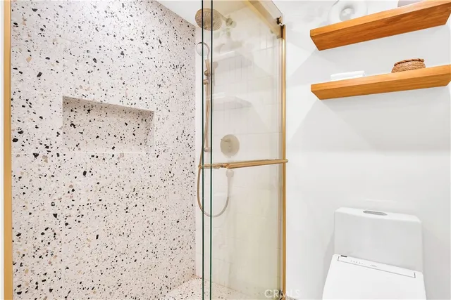 a bathroom with a shower and a toilet