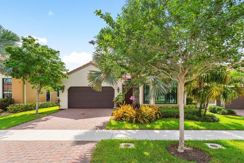 a front view of a house with a yard and tree