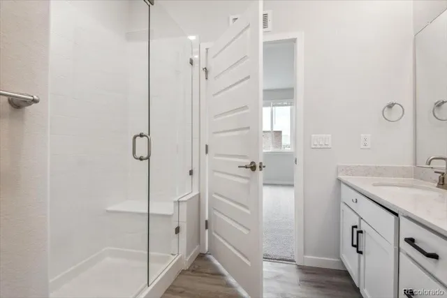 a bathroom with a shower and a sink