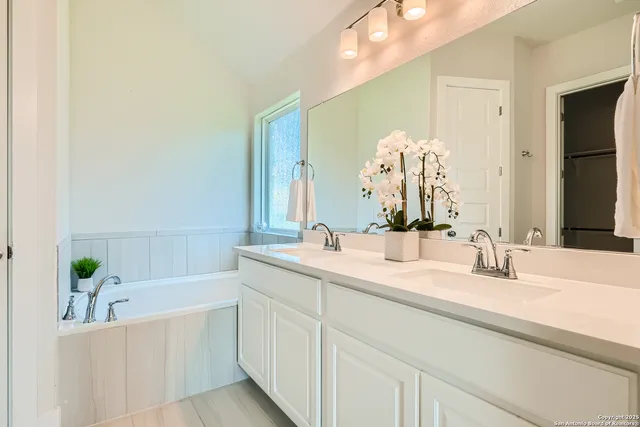 a bathroom with a tub sink and mirror