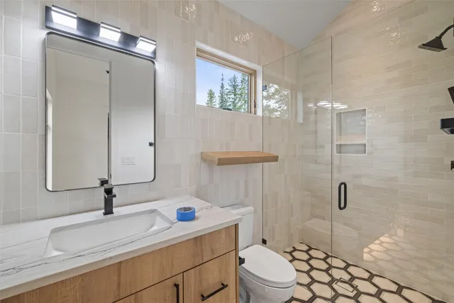 a bathroom with a sink a toilet and shower