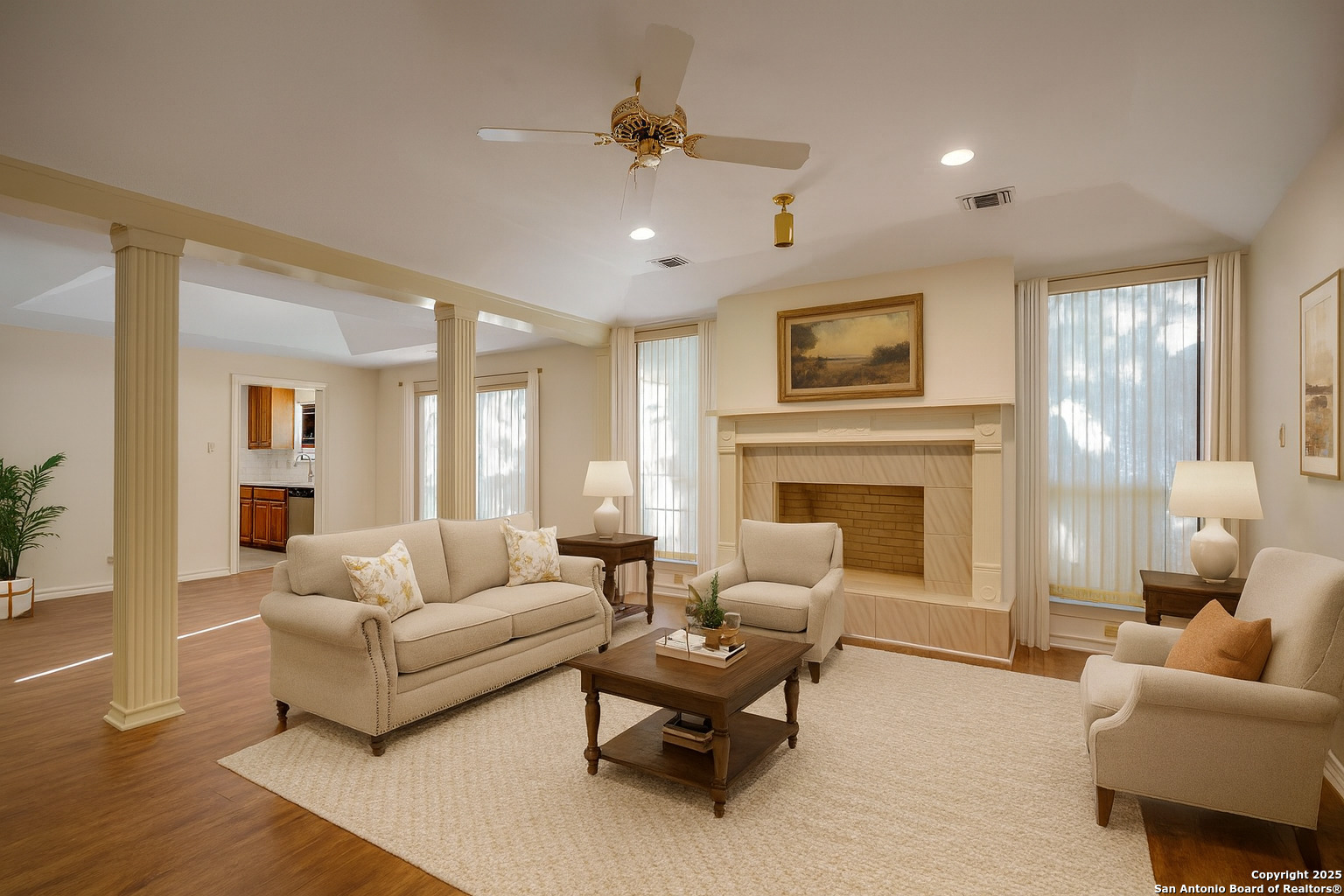 1603 Hawks Ridge Street San Antonio, TX 78248 - Photo 6 of 39 a living room with furniture and a fireplace
