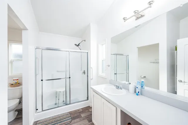 a bathroom with a sink vanity granite shower and a mirror