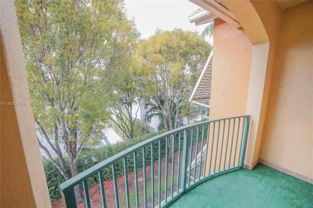 a view of a balcony from a window