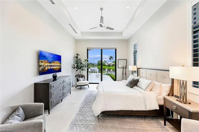 a spacious bedroom with a large bed and a flat screen tv